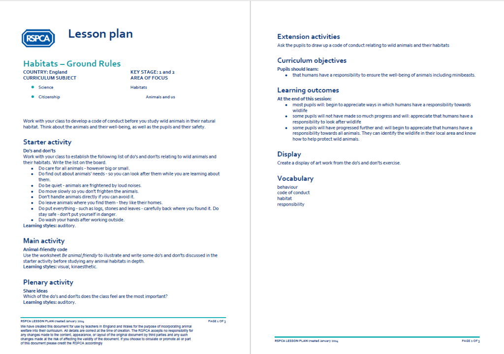 RSPCA Wildlife and Habitats KS1 Lesson Plan Habitat Ground Rules