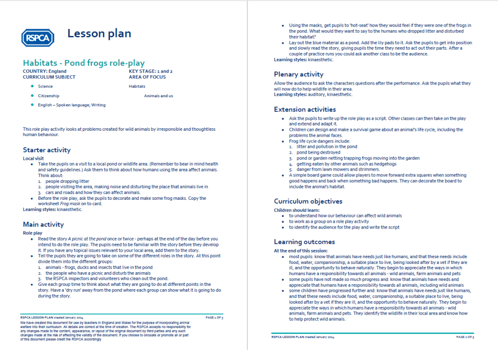 RSPCA Wildlife and Habitats KS1 Lesson Plan Pond Frogs Teachwire