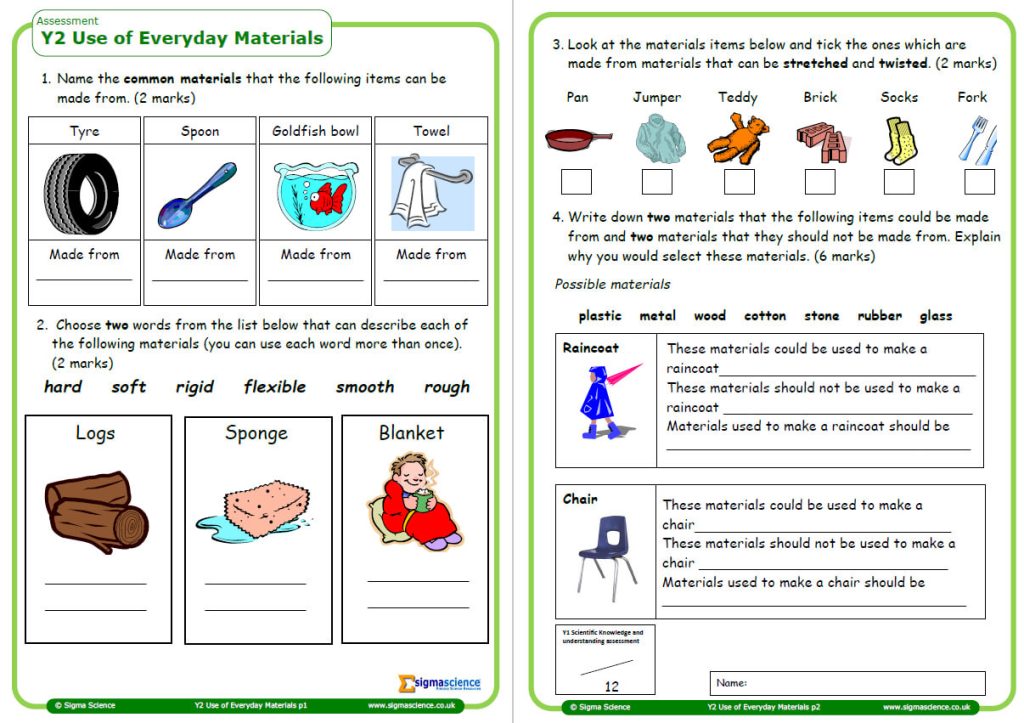 Year 2 Science Assessment Worksheet with Answers Everyday Materials