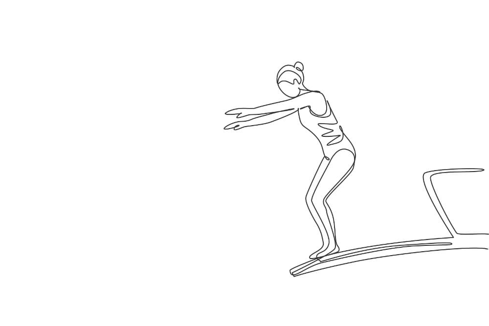 Line drawing of woman on diving board, representing PE deep dive questions