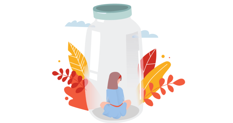 Illustration of autistic girl isolated in a jar
