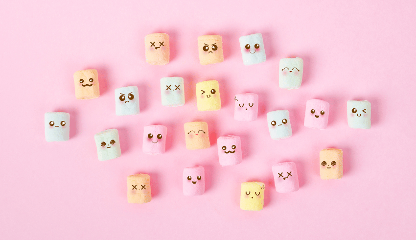 Marshmallows with different facial expressions, representing emotive language KS2