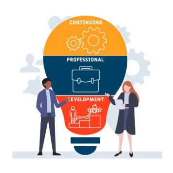 Illustration of two people standing next to a CPD lightbulb, representing school governors