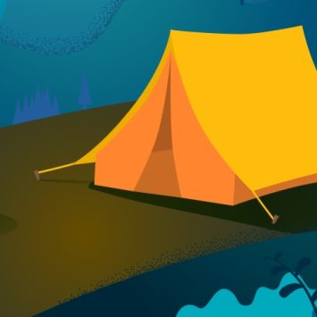Illustration of tent and campfire at night