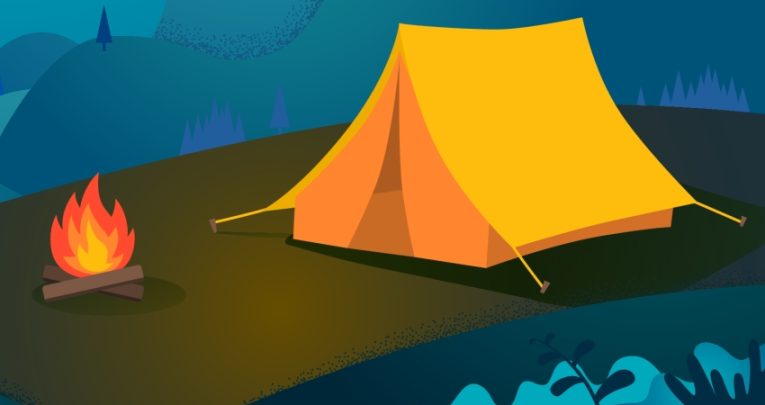 Illustration of tent and campfire at night