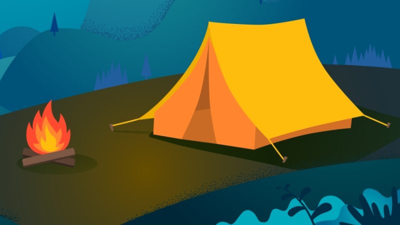 Illustration of tent and campfire at night