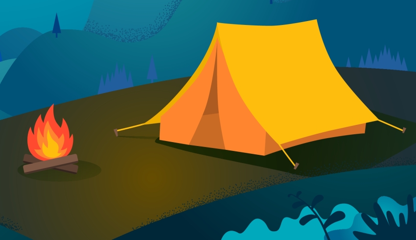 Illustration of tent and campfire at night