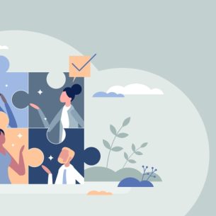 Abstract illustration depicting work colleagues and a jigsaw puzzle