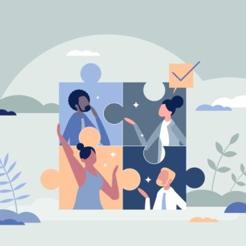 Abstract illustration depicting work colleagues and a jigsaw puzzle, representing an holistic approach to education