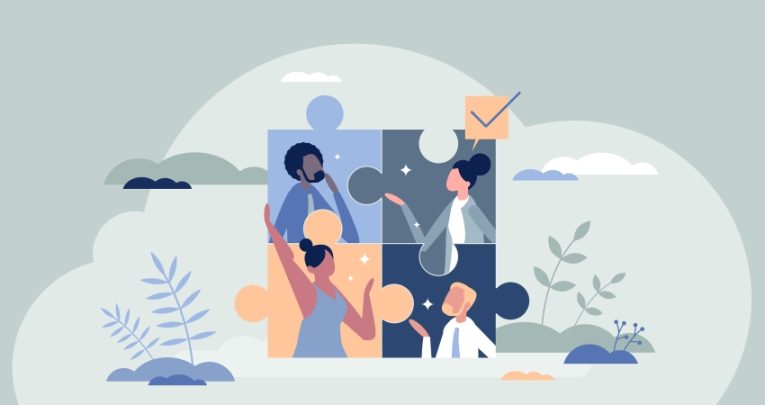 Abstract illustration depicting work colleagues and a jigsaw puzzle, representing an holistic approach to education