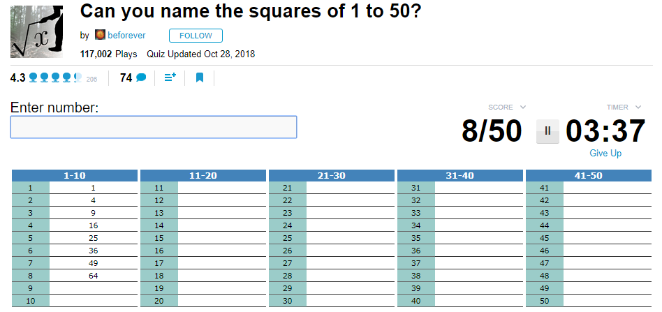 Square numbers online game