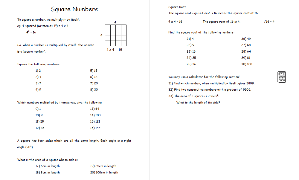 Square numbers worksheet