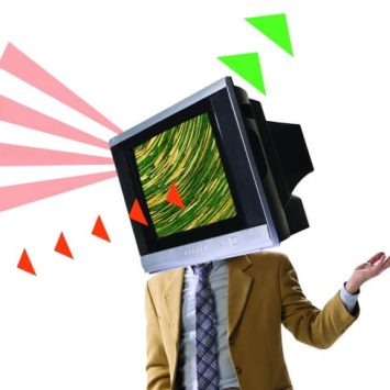 collage image depicting a man wearing a suit with a television where his head should be, representing the concept of foreign media
