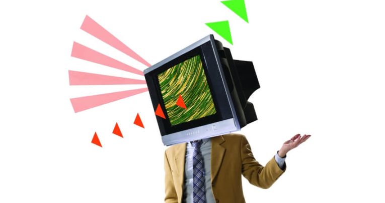 collage image depicting a man wearing a suit with a television where his head should be, representing the concept of foreign media