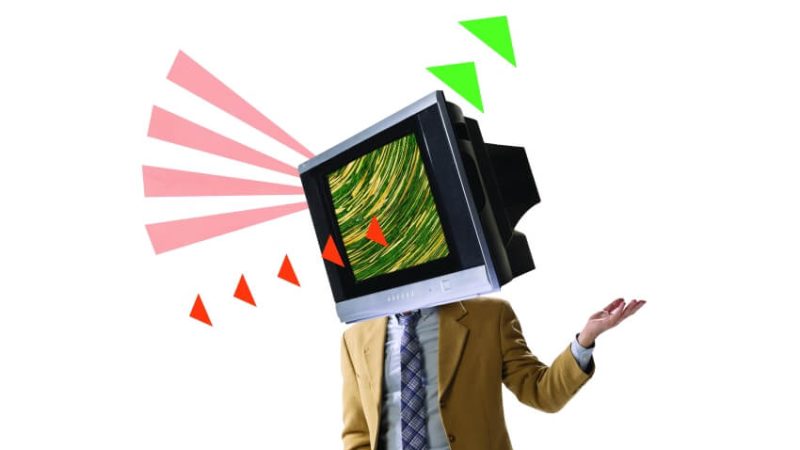 collage image depicting a man wearing a suit with a television where his head should be, representing the concept of foreign media