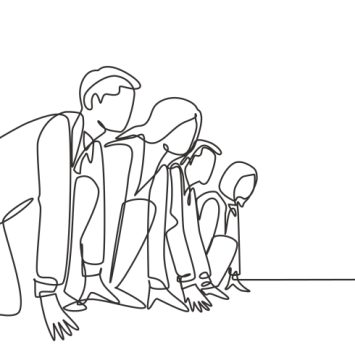Line drawing of young adults at the starting line of a sprint