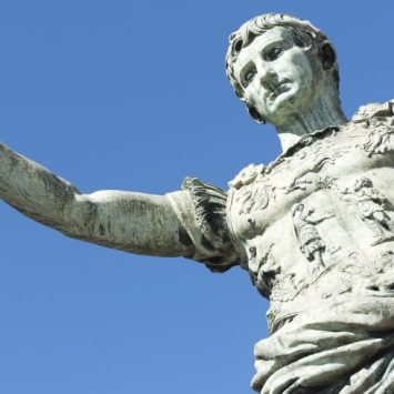 Statue of Julius Caesar shot from below, to connote notions of distant leadership