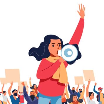 Illustration of teenage girl leading a crowd of protestors to illustrate the concept of student activism
