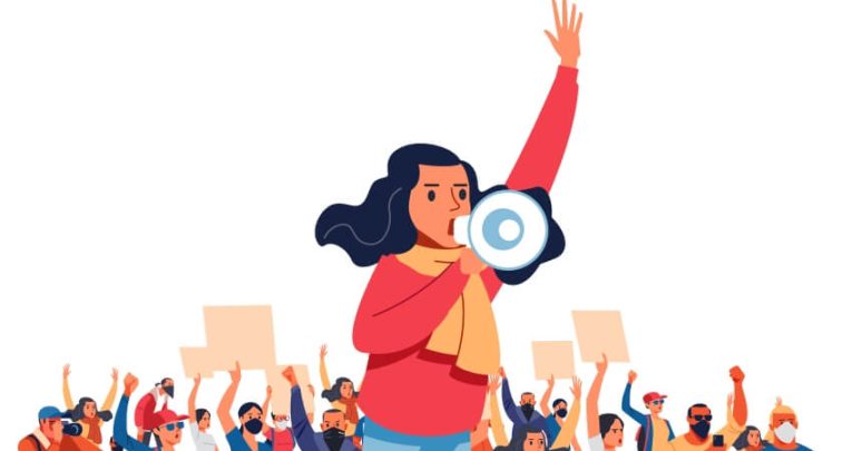 Illustration of teenage girl leading a crowd of protestors to illustrate the concept of student activism