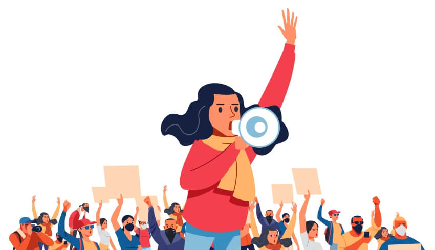 Illustration of teenage girl leading a crowd of protestors to illustrate the concept of student activism