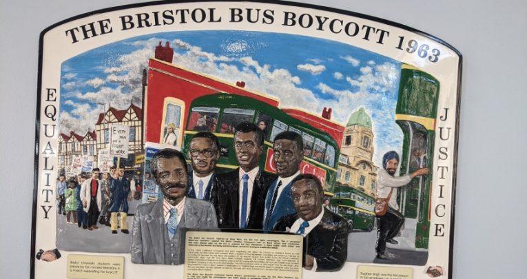 Photo of plaque commemorating the 1963 Bristol Bus Boycott