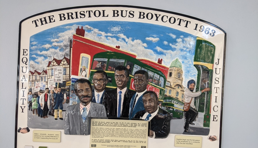 Photo of plaque commemorating the 1963 Bristol Bus Boycott