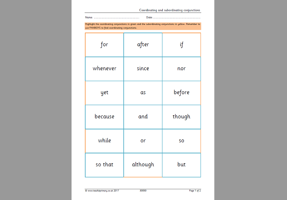 Coordinating and Subordinating Conjunctions KS2 – Model Sentences