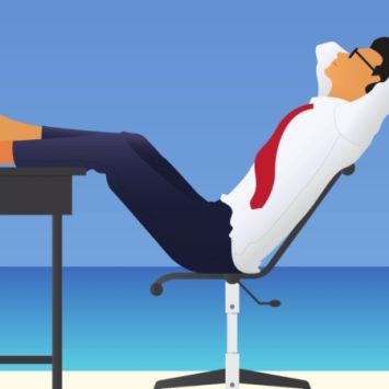 Illustration of suited man relaxing at desk with nearby box of papers against the backdrop of a beach scene