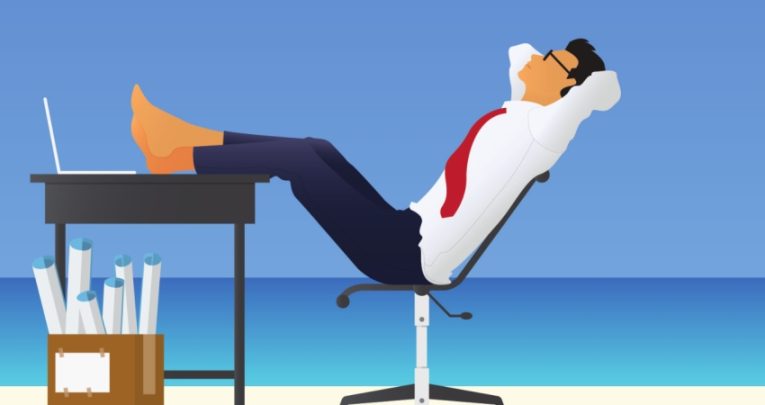 Illustration of suited man relaxing at desk with nearby box of papers against the backdrop of a beach scene