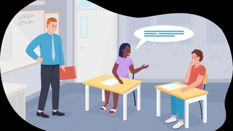 Illustration of a teacher watching as two students conduct a conversation in the classroom