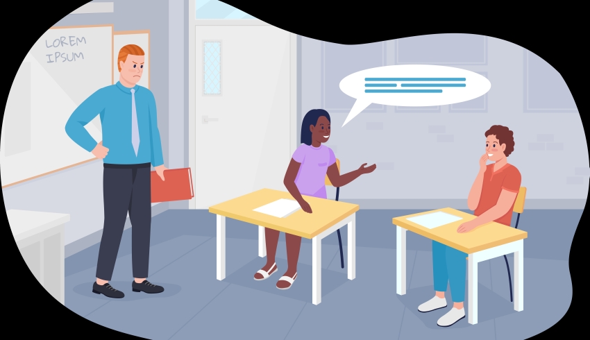 Illustration of a teacher watching as two students conduct a conversation in the classroom