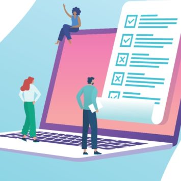 Illustration depicting small group of people studying test results produced by a laptop computer