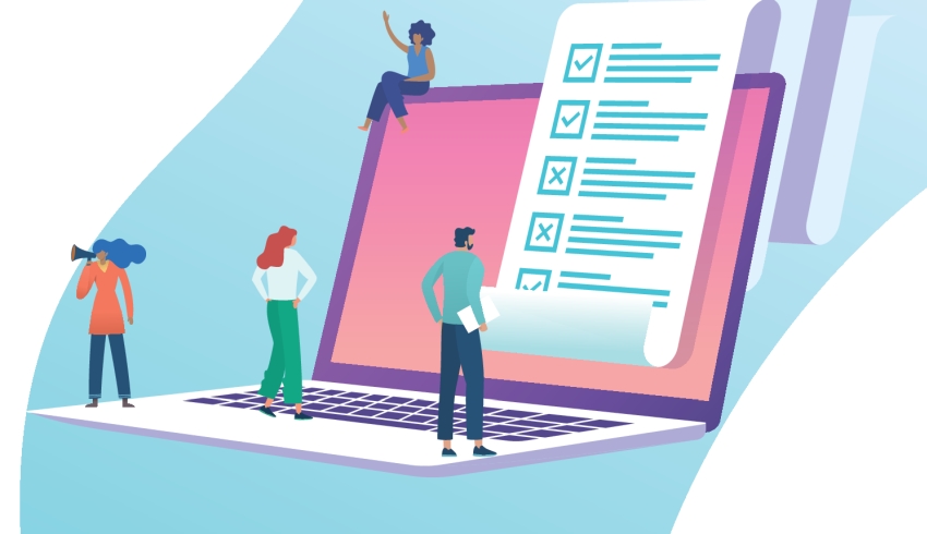 Illustration depicting small group of people studying test results produced by a laptop computer