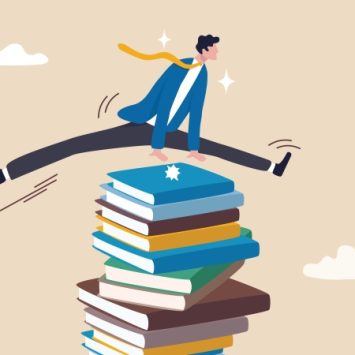 illustration of a uniformed figure leapfrogging over a tall stack of books