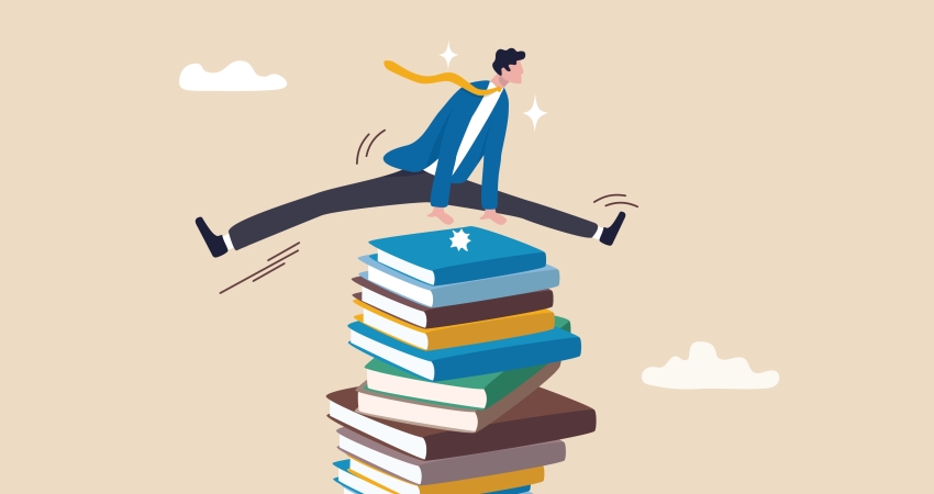 illustration of a uniformed figure leapfrogging over a tall stack of books