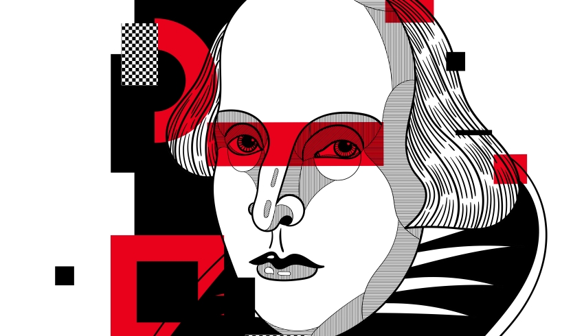 Stylised illustration showing the face of William Shakespeare, representign the idea of Shakespearean characters