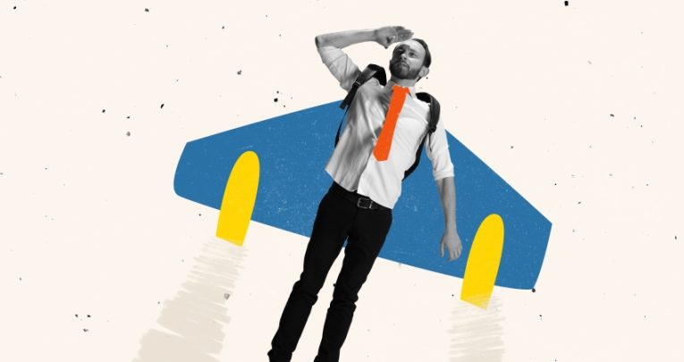 Illustration of teacher soaring with wings attached, symbolising professional development