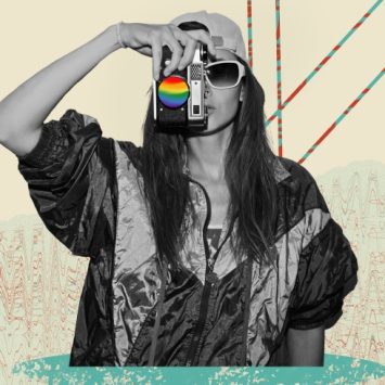 Collage illustration showing photo of a woman holding a camera, representing GCSE art final piece