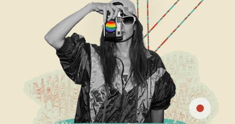 Collage illustration showing photo of a woman holding a camera, representing GCSE art final piece