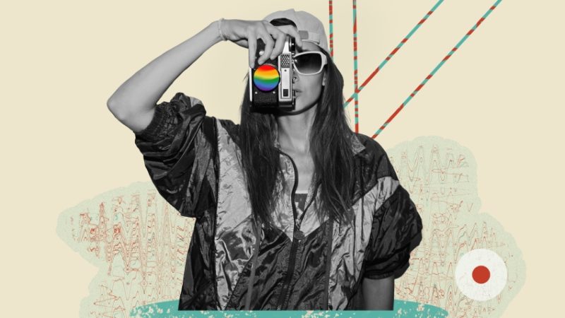 collage illustration showing photo of a woman holding a camera with abstract graphical elements in background