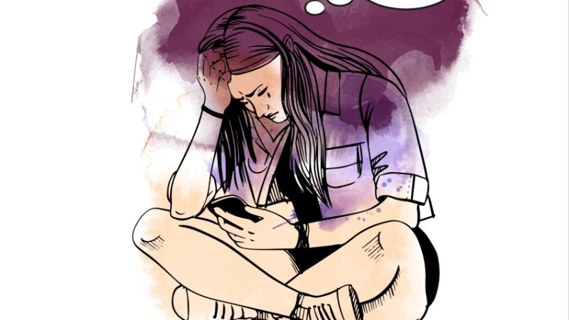 Illustration of troubled teenage girl sitting cross-legged while using a smartphone