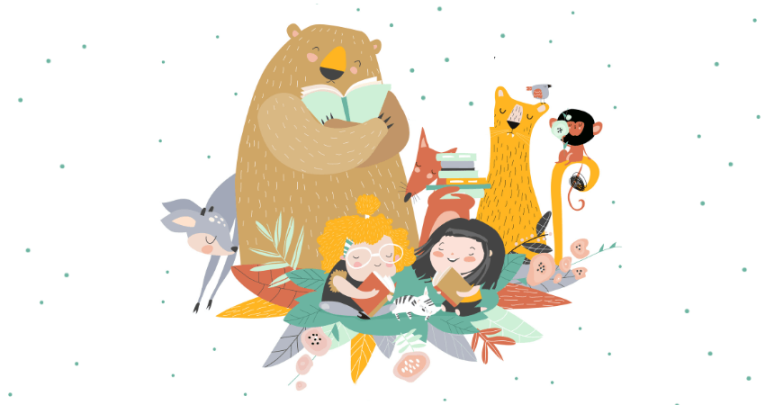Cartoon image of animals including bear and fox, with children and books