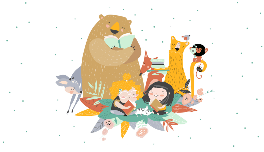 Cartoon image of animals including bear and fox, with children and books