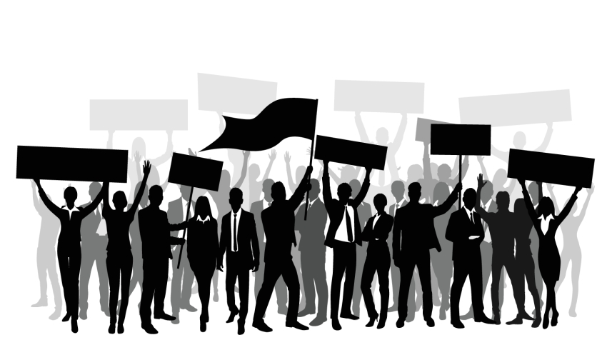 Silhouetted figures engaged in an organised protest