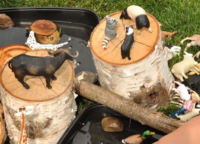 Reggio Emilia approach activity idea involving wooden logs and toy animals