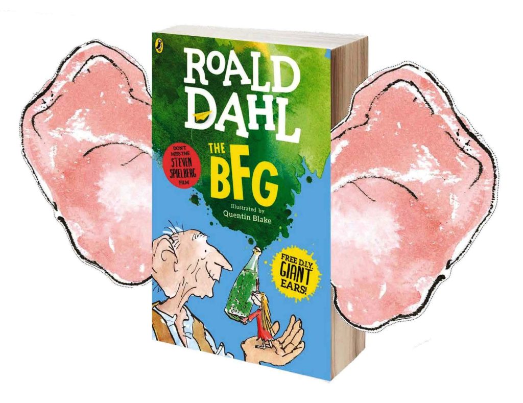 Cover of BFG by Roald Dahl, surrounded by giant pair of illustrated ears