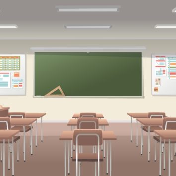 Illustrated rendering of a vacated classroom, looking towards the blackboard