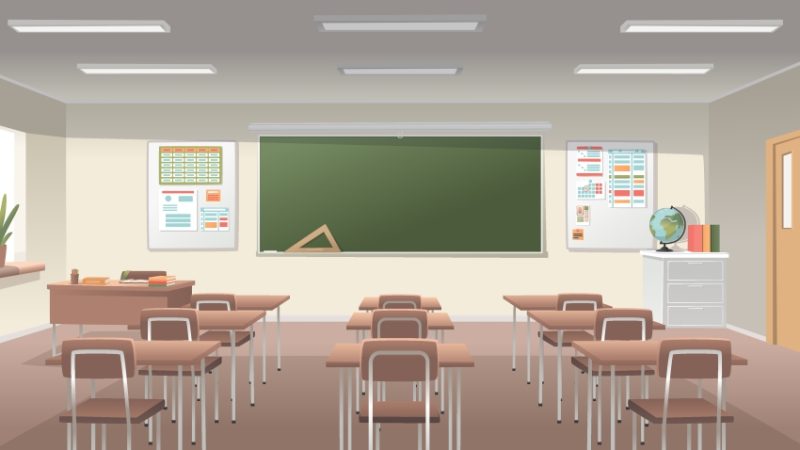 Illustrated rendering of a vacated classroom, looking towards the blackboard