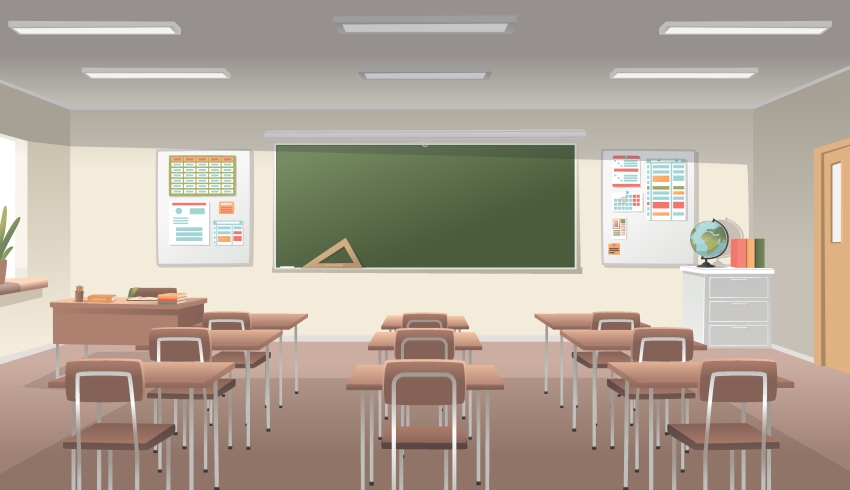 Illustrated rendering of a vacated classroom, looking towards the blackboard