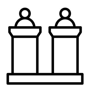 monochrome icon showing two figures engaged in debate